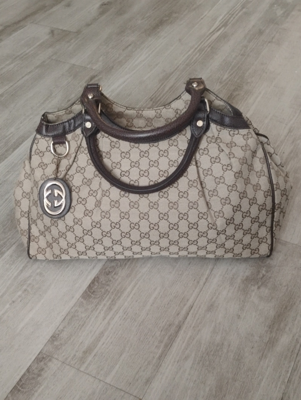 Gucci Beige GG Canvas Tote with Brown Leather Trim and Logo Charm